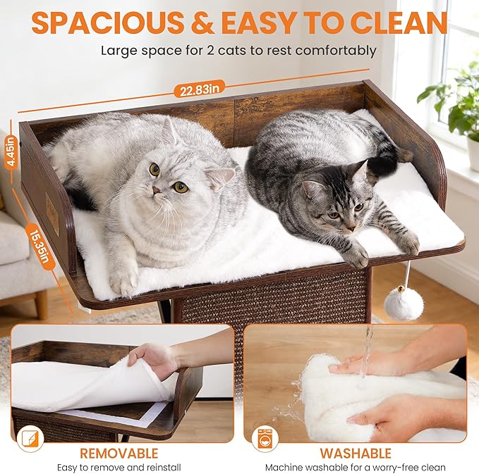 Modern Wood Cat Tree Tower for Indoor Large Cats, 33.8-Inch Tall Wooden Cat Trees with Big Perch Bed, Cat Scratching Pads, Washable Cushions and Scratching Mat, Cat Furniture, Rustic Brown