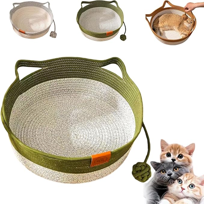 Instinct Basket for Cats - Handwoven Cotton Rope Enrichment Bed with Attached Toy Tail, Scratchable Interactive Pet Nest Features Flexible Walls to Fight Boredom & Protect Furniture (Green)