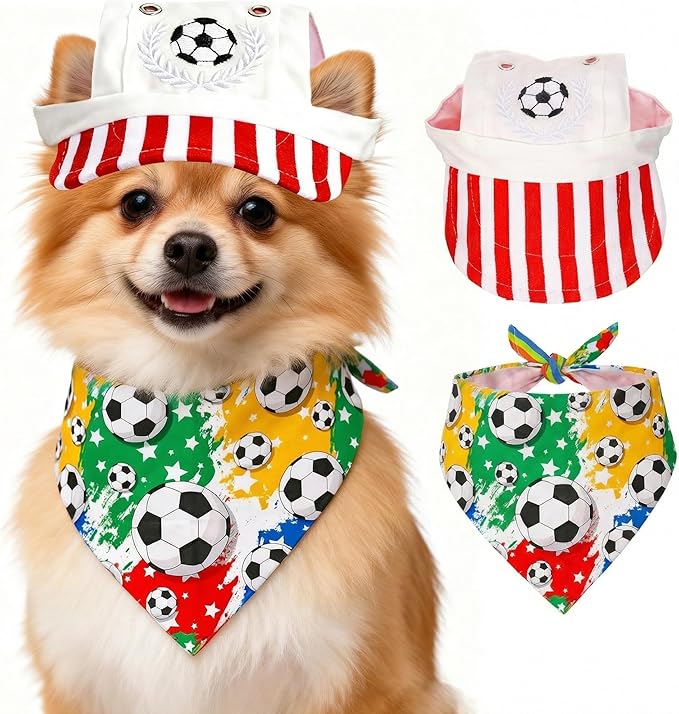 World Cup Football-Themed Dog Accessories: Triangular Bandana and hat Set. Breathable and Comfortable, Adjustable fit, Suitable for Small to Medium-Sized Pets for Outdoor Activities and photoshoots.