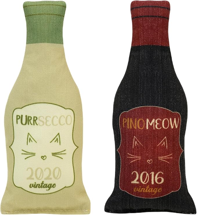 Wine Bottle Catnip Toy for Cats - Plush PURRsecco and PinoMEOW - Funny Toy for Wine-Drinking Cat Parents