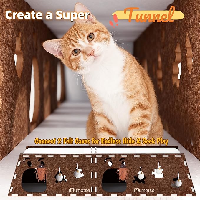 Interactive Felt Cat Tunnel for Indoor Cats with Catnip Toy, Modular Cat Cave House for Scratching, Play, Hiding & Sleeping, Durable Washable Cat Condo for Large Cats Up to 22LB, Coffee