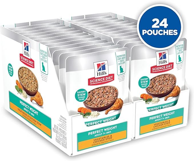 Hill's Science Diet Adult Perfect Weight Wet Cat Food, Vegetables & Chicken Stew, 2.8 oz. Pouches, 24-Pack