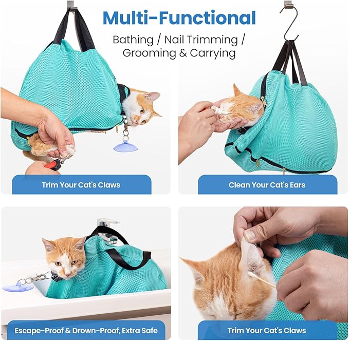 6-12 lbs Anti-Escape Suction Cup Cat Grooming Bag - Medium Green Breathable Mesh, for Bathing & Nail Trimming, Portable for Travel & Easy to Clean