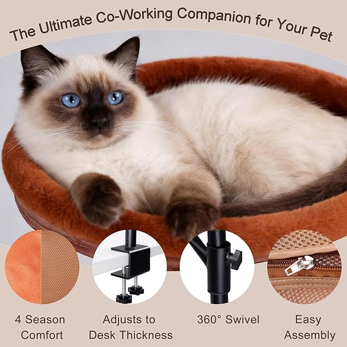 360° Rotating Cat Desk Bed, Height Adjustable Elevated Cat Perch with 2 Breathable & Warm Covers for All-Season Comfort, Quick Install, Supports up to 30 lbs