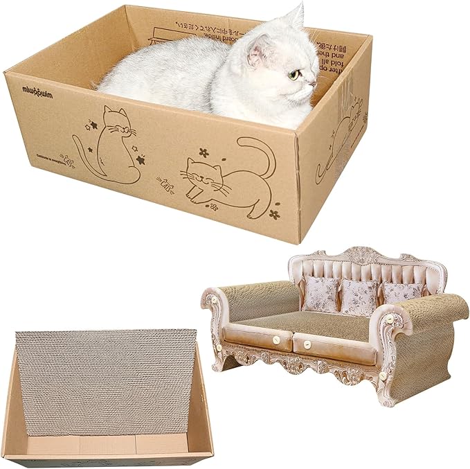 miwoowim Cat Scratcher Bed, 23 Inch Kitty Couch and 17.3 Inch Scratch Box with Pad, Modern Large Kitten Lounger for Indoor Cats,Unique Cute Corrugated Cardboard Cat Sofa Scratcher,