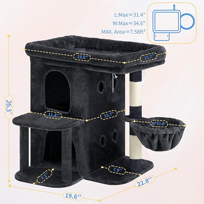Heybly Cat Tree, 26.3-inch Cat Tower with Spacious Top Perch for Large Cats, Stair-Style Cat House Furniture with Dual-Layer Condos, Sisal Scratching Posts, Cozy Basket & Pompom, Smoky Gray HCT204SG