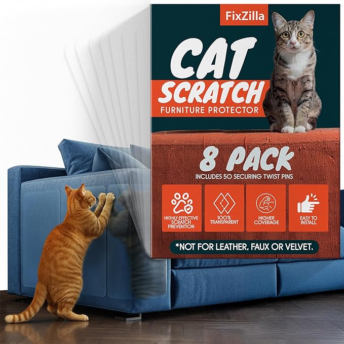 FixZilla Anti Cat Scratch Furniture Protector, 8-Pack Couch Protector from Cat Claws – Heavy-Duty, Easy-to-Apply Scratching Deterrent and Shield for Sofa Corners, Walls, and Doors- with 50 Twist Pins