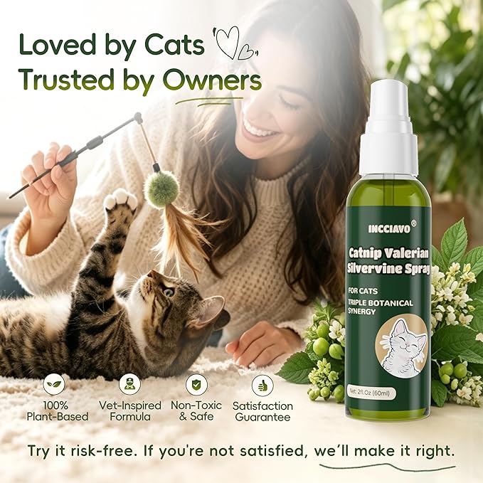 Silvervine Spray for Cats with Catnip and Valerian, Helps Encourage Play, Scratching and Relaxation, Spray for Cat Toys, Scratchers, Beds and Carriers, 2 fl oz