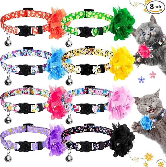 Saintrygo 8 Pack Spring Flower Cat Collars Breakaway with Bells Floral Safety Cat Collar Buckle Cute Cats Kitten Collar Gift for Girl Boy Cats Colorful Adjustable Pet Supplies Daily Decoration(Small)