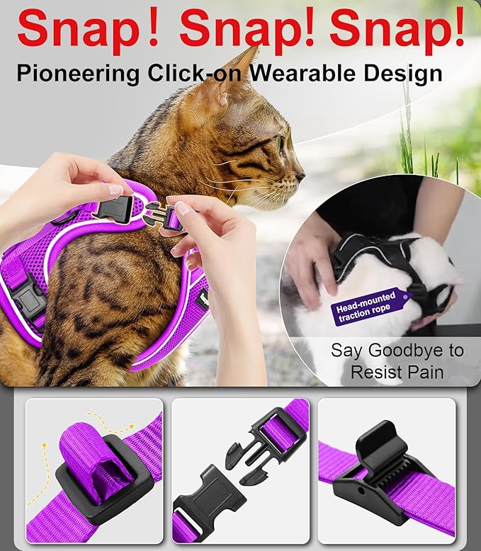Cat Harness and Leash for Walking Escape Proof Soft Adjustable Cat Leash Breathable Comfortable Vest Easy to Wear Kitten Harness for Outdoor Travel (Purple, XS (4-6lb))
