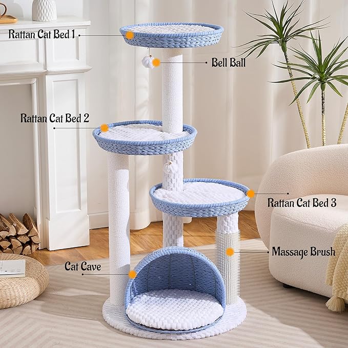 HITTITE Modern Cat Tree Tower with Scratching Post, 46 Inches Tall Cat Towers with Woven Cat Nests and Cave, Multi-Level Cat Tree With Removable Cushions and Massage Brush for Indoor Cats Large Adult.