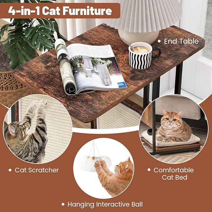 Giantex Cat Scratcher Side Table, C-Shaped End Table with Cat Scratching Board, Washable Cushion, Jingling Ball, Metal Frame, Couch Table Cat Tree Tower for Living Room Bedroom, Rustic Brown
