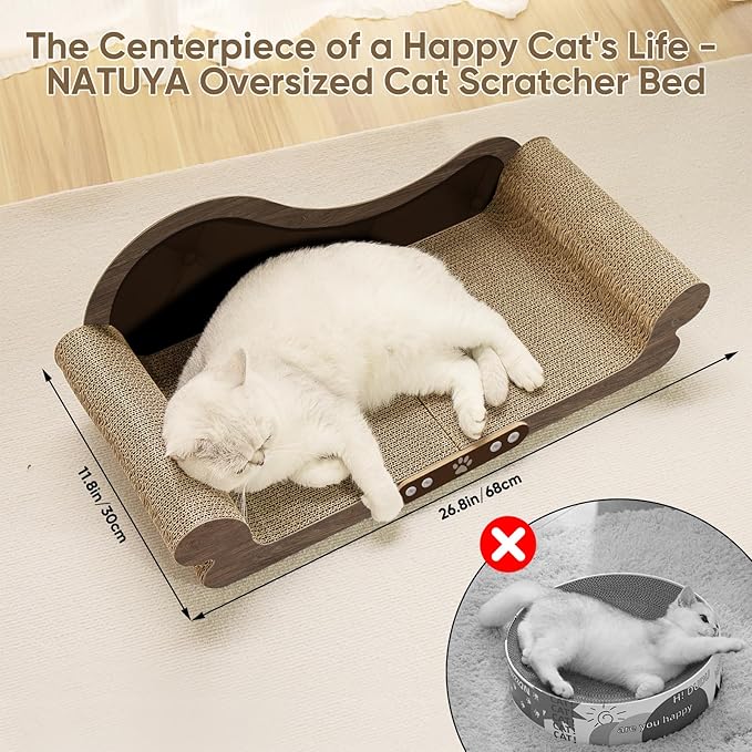 NATUYA Cat Scratcher Cardboard Lounge Bed, 26" Extra-Large Cat Scratching Board, Durable Indoor Cats Scratch Sofa, Furniture Protector, Modern Stylish Cats Bed
