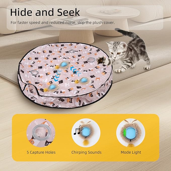 ETACCU Interactive Cat Toys Ball, Automatic Fast Rolling Ball in Play Mat, Hide and Seek Mouse Catching Game for Indoor Adult Cats, 3 Modes Motion Chirping Activated Moving Toy with LED Lights