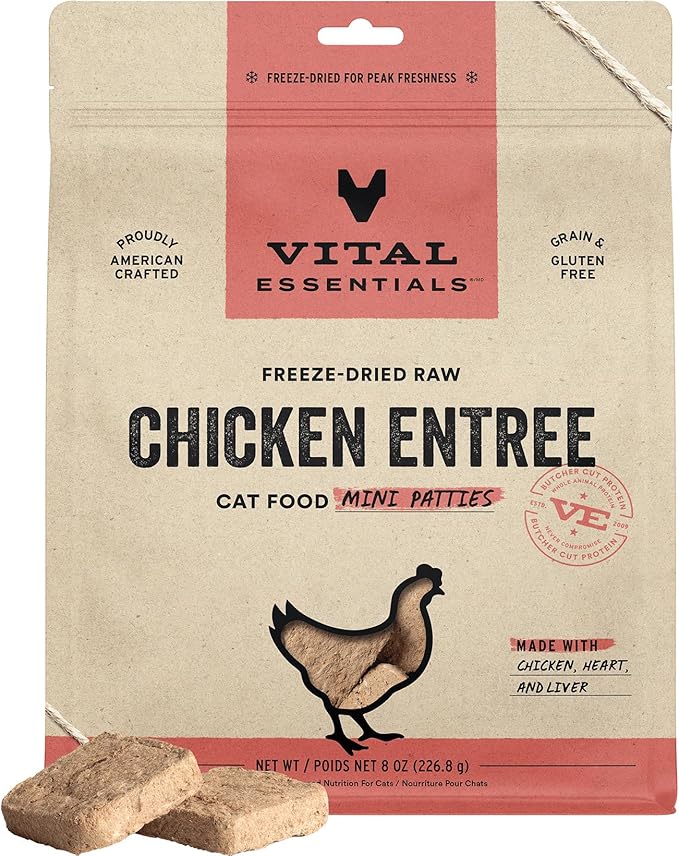 Vital Essentials Freeze Dried Cat Food, Raw Chicken Mini Patties | Complete Meal or Topper | Easy to Portion and Rehydrate | High Protein, Grain Free Dry Cat Food | 8 oz Bag