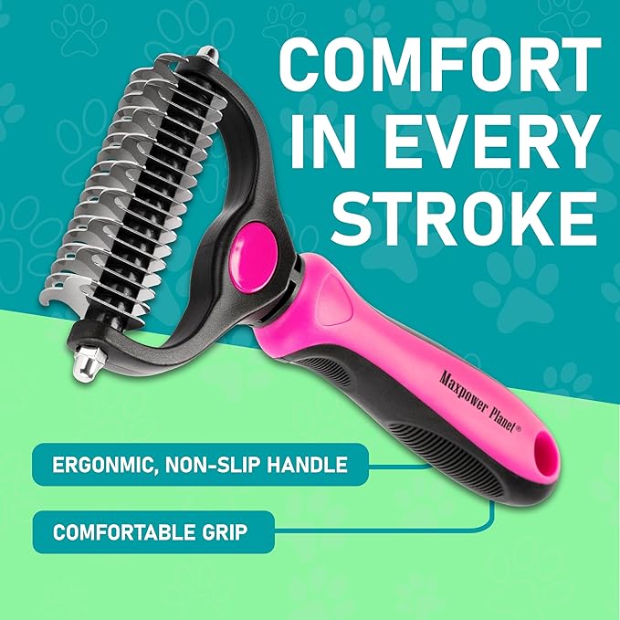 Maxpower Planet Hair Brush - Double Sided Shedding, Dematting Undercoat Rake for Dogs, Cats - Extra Wide Dog Grooming Brush, Pink