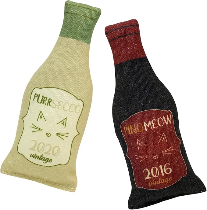 Wine Bottle Catnip Toy for Cats - Plush PURRsecco and PinoMEOW - Funny Toy for Wine-Drinking Cat Parents