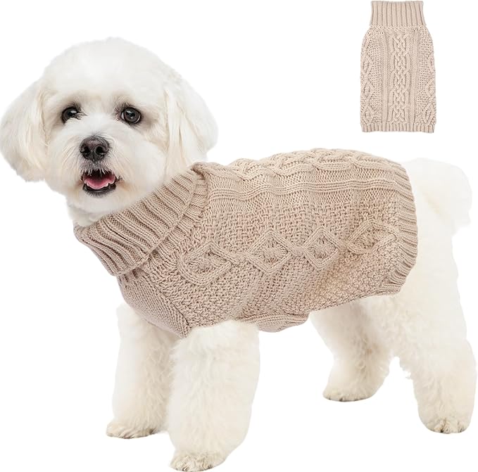 Dog Sweaters for Small Dogs Turtleneck Pullover Puppy Sweater Sleeveless Cable Knit Sweater for Chihuahua Soft and Warm Acrylic Cat Dog Clothes for Cool Weather (Beige, Small)