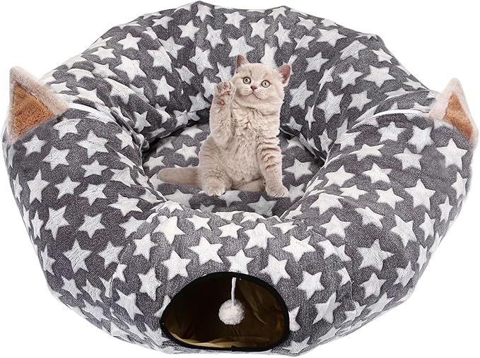 Large Cat Tunnel Bed Under Christmas Tree with Fluffy Toy Balls, Small Cushion and Flexible Design- 10 inch Diameter, 3 ft Length- Great for Cats, and Small Dogs, Gray Star Pattern