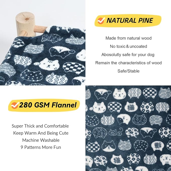 Patas Lague Cat and Dog Hammock Bed for Small Dogs, Brethable Wooden Cat Pet Rabbit Elevated Bed Cots Furniture for All Seasons Fleece Navy Blue