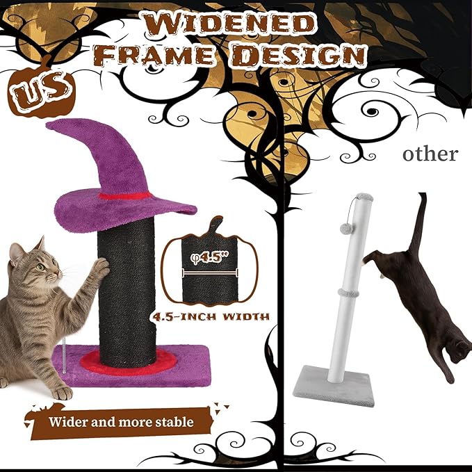 Wizard Hat Cat Scratching Post with Spring Ball Toy for Indoor Cats, Halloween Spooky Cat Scratcher, Purple(40 * 30 * 60cm)