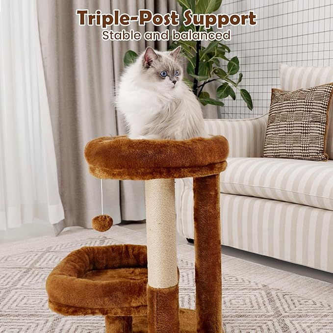 Cat Tree for Indoor Cats, Compact 2-Tier Cat Tower with Padded Donut Beds, Cozy Plush Cat Perch for Small to Medium Cats, Sisal Scratching Posts & Hanging Toy (Mocha Brown)