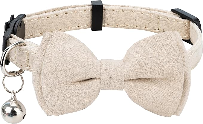 Cat Collar with Bow Tie Bell Breakaway Kitten Small Pet Safety Solid Wedding Basic Pure Color Suede Soft Adjustable [1pc] Cream