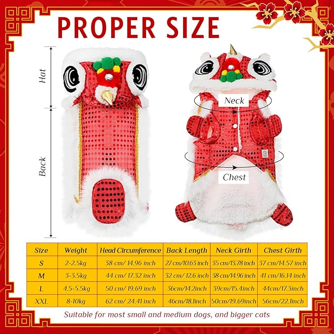 LEIFIDE Lion Dance Dog Costume Chinese New Year Pet Costume with Sequins Chinese Lion Dance Cloth Dog Clothes Hoodies Coat for pet New Year Spring Festival Dress up(Large,Red)