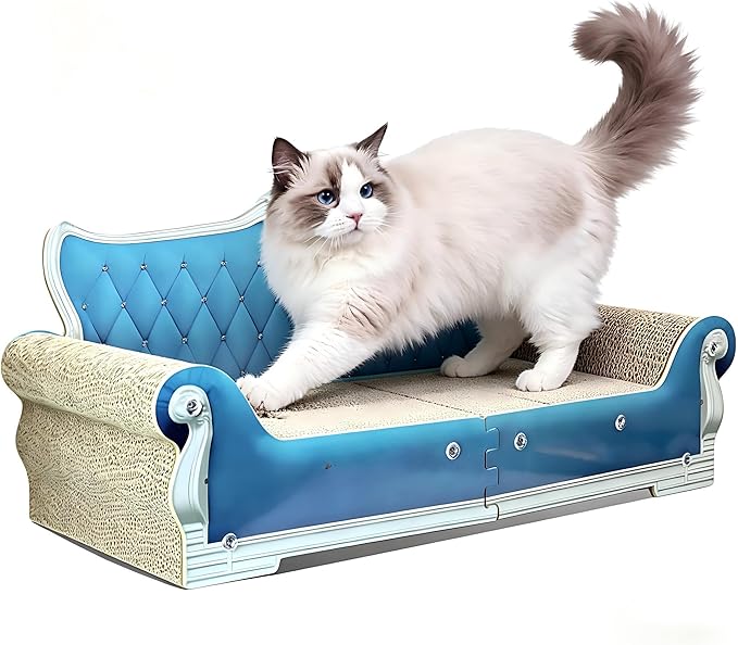 Extra Large Cat Scratcher Sofa Bed - 27.5" Durable Cat Couch & Scratching Board, Ergonomic Cardboard Lounge Furniture for Big Cats, Multi-Cat Households, Reversible Scratch Pad (Blue)