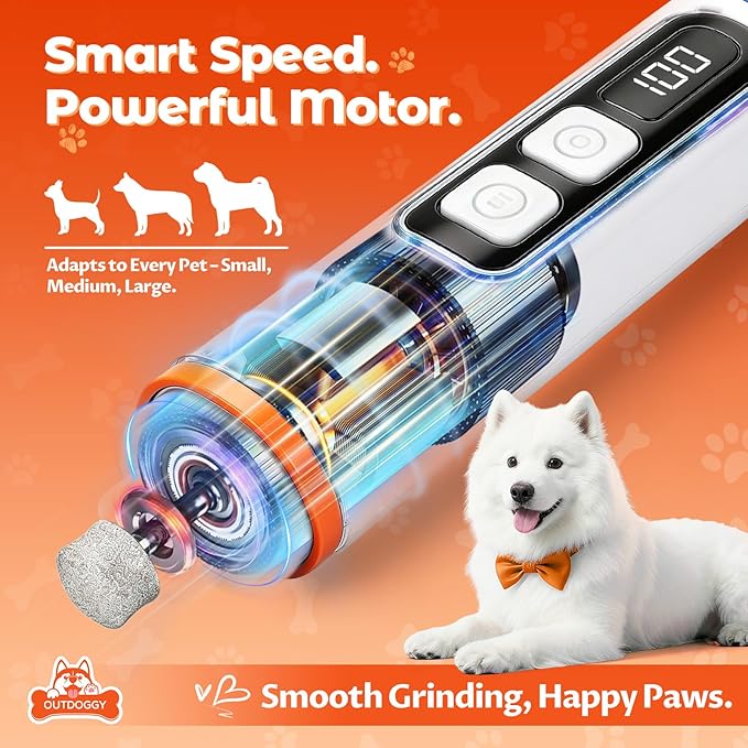 Ultra Quiet Dog Nail Grinder with LED Light & Safety Guard - Upgraded 3-Speed Rechargeable Dog Nail Trimmer for Painless Grooming of Dogs & Cats, (Small, Medium, Large)
