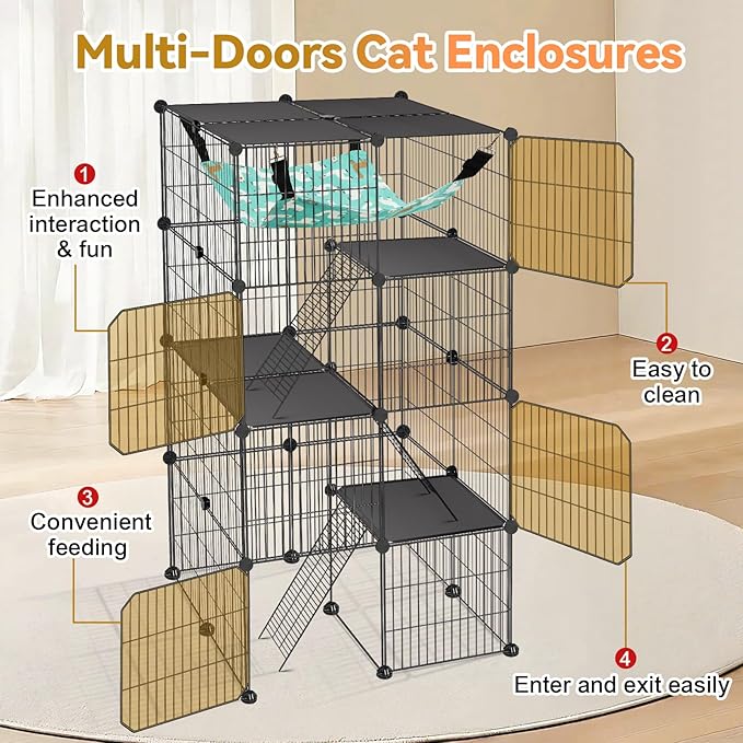 VISCOO Cat Cage, 4-Tier DIY Cat Enclosures Catio, Cat Playpen Indoor & Outdoor with Hammock, Detachable Metal Wire Kennel Cats Crate, 2x2x4 Exercise Place for 1-3 Cats/Kitten