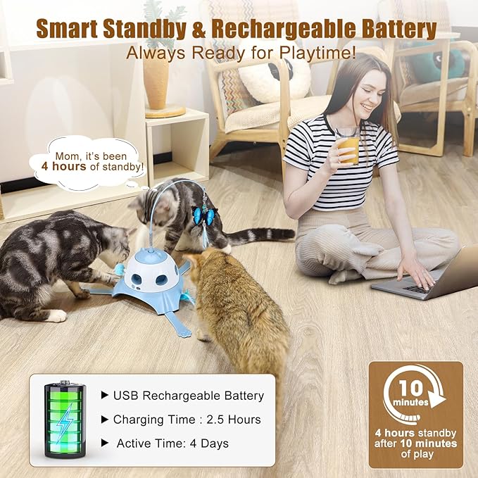AIPERRO 3-in-1 Automatic Cat Toys for Indoor Cats, Fluttering Butterfly, Whack a Mole, Rotating Feather Wand, USB Rechargeable Interactive Feather Toys for Multi-cat Family (Blue)