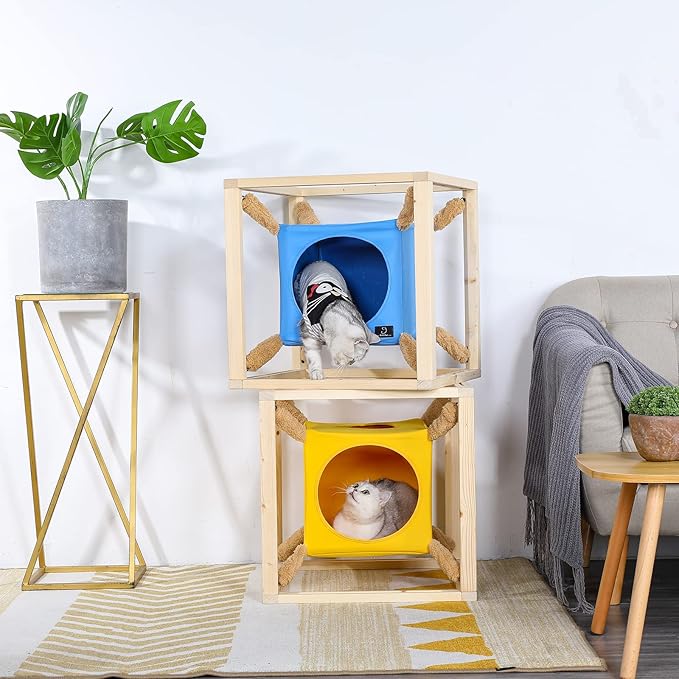 A 4 Pet Stackable Cat Cave, Modern Cat Tree for Large Cats, Wood Cat Tower Cat Condo Cat House Cat Hammock for Indoor Cats