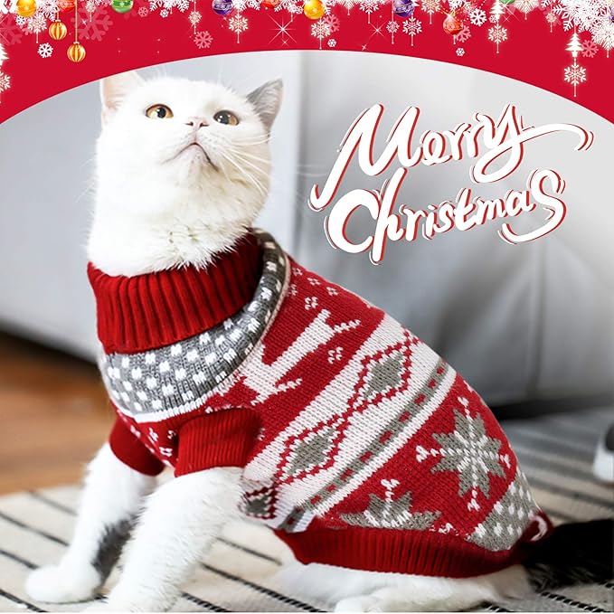 HYLYUN Cat Christmas Sweaters 2 Packs, Puppy Christmas Sweater Pet Reindeer Snowflake Sweaters for Kittys and Small Dogs S