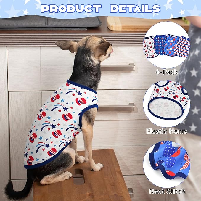 4-Pack Patriotic Dog Tank Tops 4th of July USA Flag Star Stripe Puppy Sleeveless Outfits America 250th Anniversary Pet Shirts for Small Medium Puppy Dogs Cats XXL