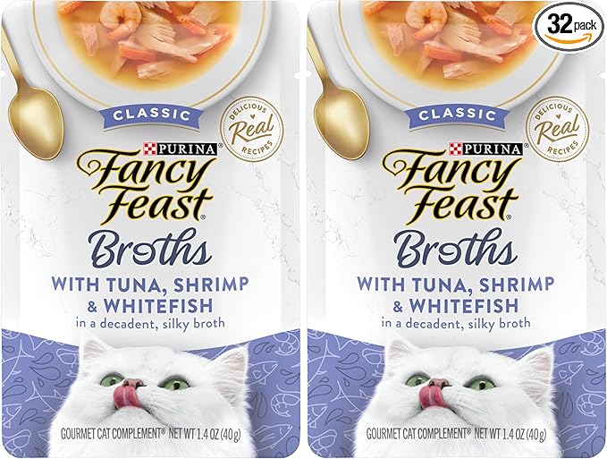 Fancy Feast Purina Limited Ingredient Wet Cat Food Complement,Broths with Tuna,Shrimp & Whitefish - 1.4 oz. Pouches,(Pack of 32)