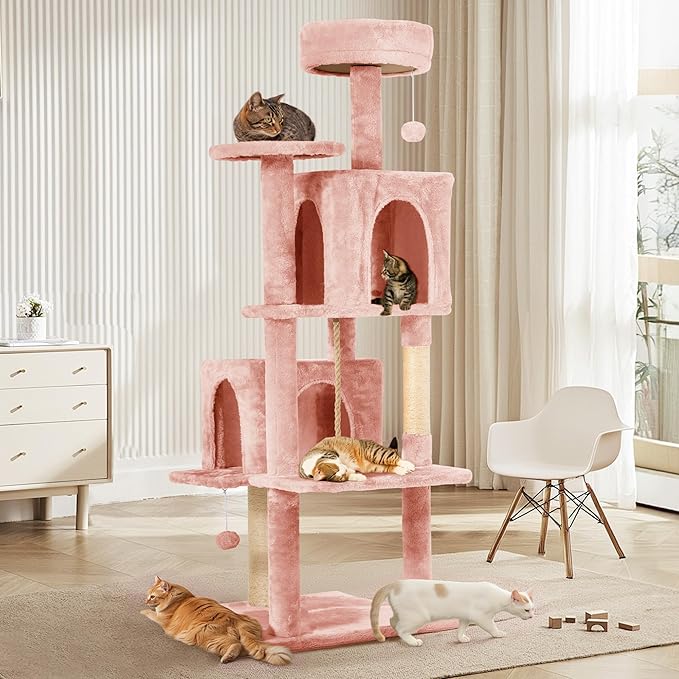 58.5inch Large Cat Tree Tower Condo for Indoor Cats, Soft Plush Multi-Level Climbing Tree Cat House with Cat Cave, Scratching Post, More Entrance/Exit, Sisal Rope, Pink