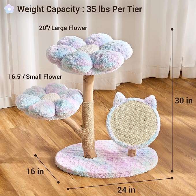 Aesthetic Flower Cat Tree Tower with Scratching Post for Indoor Cats, 30" H Modern Cat Tree with Natural Solid Wood Branch, Fluffy Cat Beds Removable & Large Scratching Board, Sakura Pink