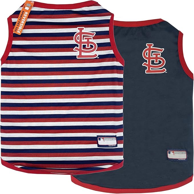 Pets First MLB ST Louis Cardinals Reversible T-Shirt,X-Small for Dogs & Cats.with The Team Logo Comes with 2 Designs,Stripe Tee Shirt on one Side,Solid Design on The Other Side,Team Color,SLC-4158-XS