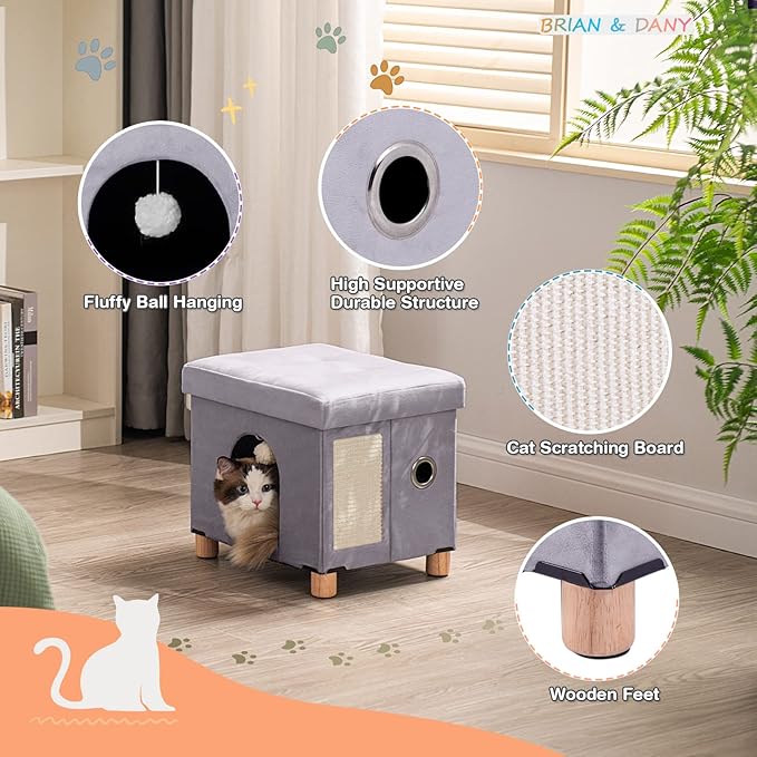 BRIAN & DANY Cat House for Kitten,Cat Beds for Indoor Cats with Fluffy Ball Hanging and Scratch Pad, 14.7" x 14.1” x 12.7”, Light Gray