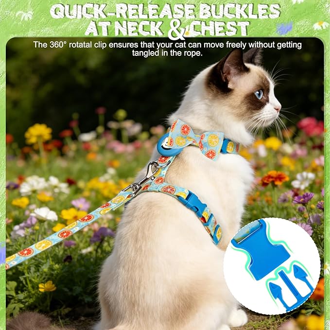 EXPAWLORER Cat Harness and Leash Set with AirTag Holder, Escape Proof Safe Lightweight Adjustable Soft Kitten Harness Set with Bowknot for Small Medium Large Cat Walking Travel Outdoor, Lemon