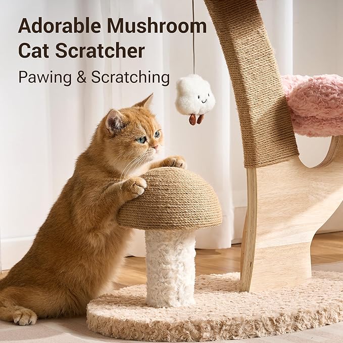 Aesthetic Flower Cat Tree Tower with Scratching Post for Indoor Cats, 30" H Modern Cat Tree with Wood Sculpted Branch, Flower Cat Beds, Mushroom Scratcher & Interactive Squeaky Toy, Pink