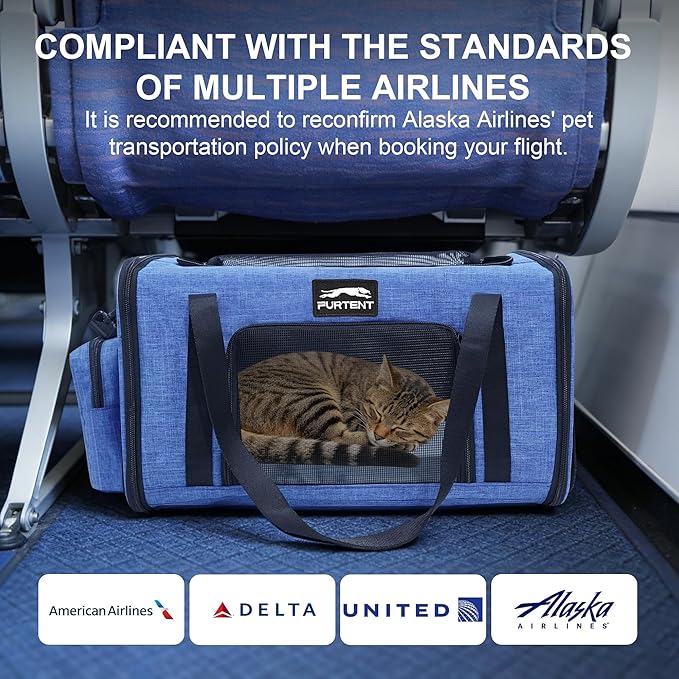 Soft Sided Cat Carrier Airline Approved up to 15lbs, 17x11x9.5 Inch Ventilated Pet Travel Bag with Foldable Litter Box & Storage, Portable Cat Transport Carrier for Flights Car Vet Blue