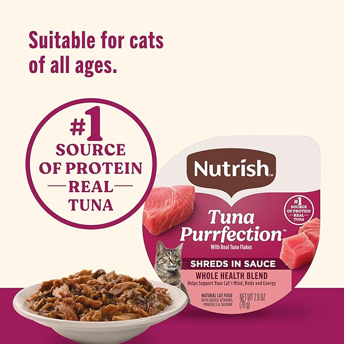 Nutrish Grain Free Wet Cat Food Tuna Purrfection Whole Health Blend with Real Tuna Flakes in a Savory Sauce, 2.8 oz. Cup, Pack of 12 (Rachael Ray)