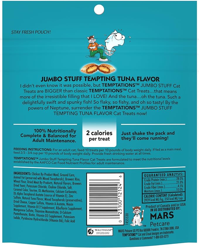 Temptations Jumbo Stuffed Cat Treats, Crunchy and Soft Cat Treats, Tempting Tuna Flavor, 5.3 oz. Pouch (Pack of 10)