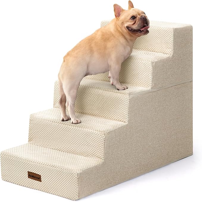 Aodisman Pet Stairs for High Bed, 5-Step Dog Stairs for Small Dogs, Indoor Non-Slip Dog Steps for Old Cats, Puppy, Small Medium Dogs,22.6" H,Beige