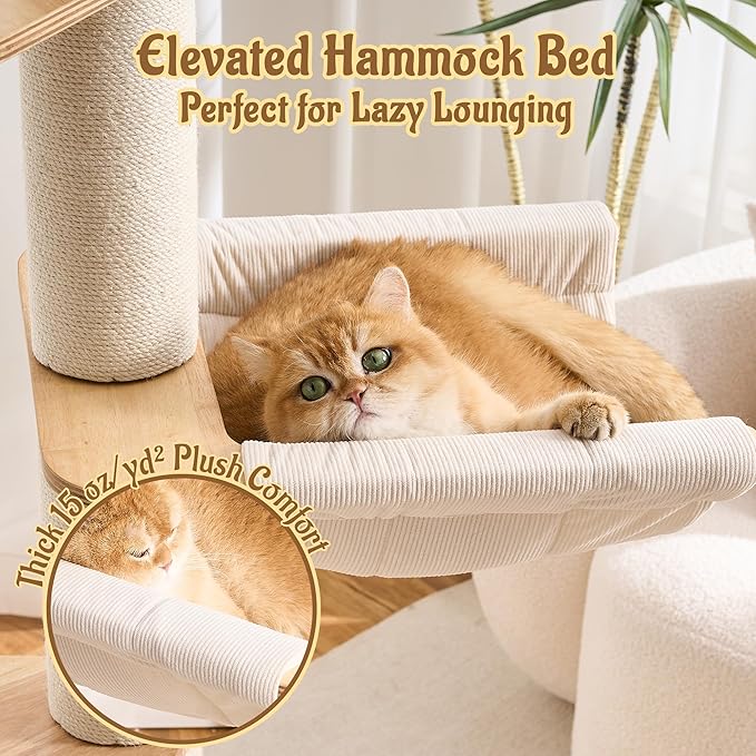 64.2" Solid Wood Cat Tree Tower for Indoor Cats, Multi-Level Modern Cat Furniture with 20" Condo, Interchangeable Hammock & Capsule Bed, Chunky Scratching Posts for Active Cats up to 12 lbs