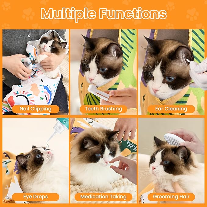 21.7'' Cat Grooming Wrap for Cutting Nails Self-Adhesive Soft Polyester Fabric Swaddle Wrap for Cats Anti-Scratch Anti-Escape Restraint for Nail Clipping Pet Cleaning and Beauty (Versatile Cat,L)