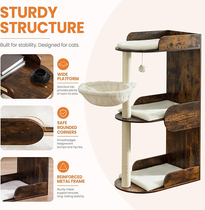 Modern Wood Cat Tree Tower for Indoor Large Cats, Cat Scratching Posts with Big Perch Bed, 44.8" Tall Multi-Level Wooden Cat Condo with Hammock, Removable Pads, Kitty Furniture, Rustic Brown