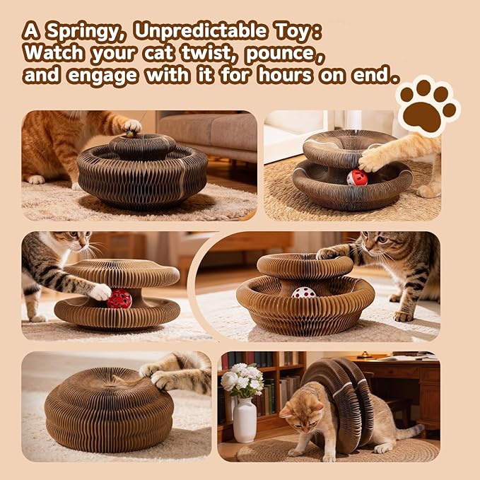 Magic Organ Cat Scratcher, Foldable Accordion Scratching Board with Bell Ball, Recycled Cardboard Interactive Scratch Pad, Reversible Infinity Toy for Indoor Cats